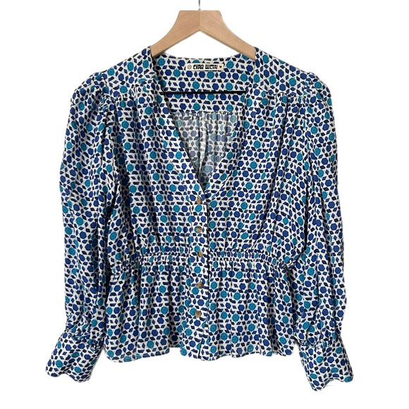 Ciao Lucia Blue White Silk Geometric Peplum Blouse V-Neck Long Sleeve Size XS - Picture 2 of 5